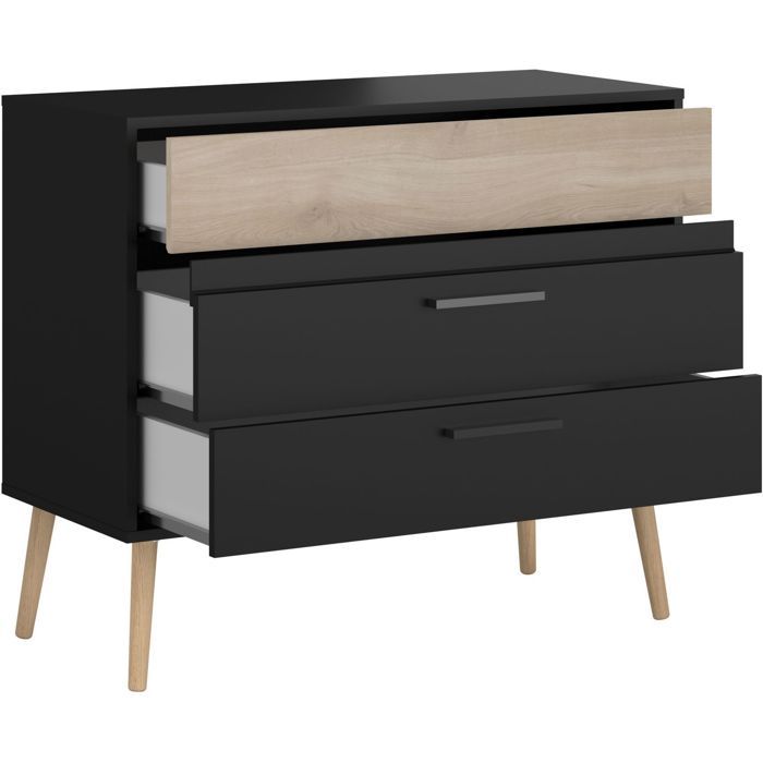 PARISOT AALBORG Chest of Drawers - 3 Drawers - Black & Oak Finish - Scandinavian Style - W90.8 x D39.9 x H77.5 cm