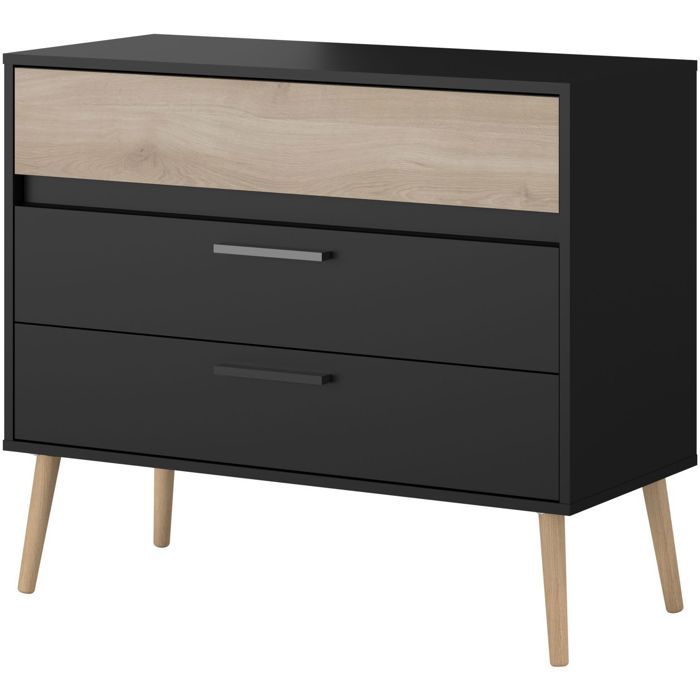 PARISOT AALBORG Chest of Drawers - 3 Drawers - Black & Oak Finish - Scandinavian Style - W90.8 x D39.9 x H77.5 cm