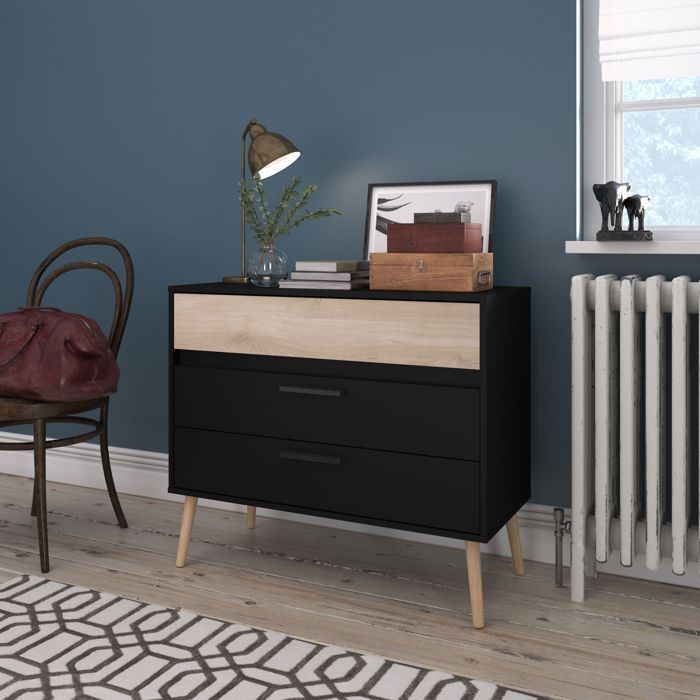 PARISOT AALBORG Chest of Drawers - 3 Drawers - Black & Oak Finish - Scandinavian Style - W90.8 x D39.9 x H77.5 cm