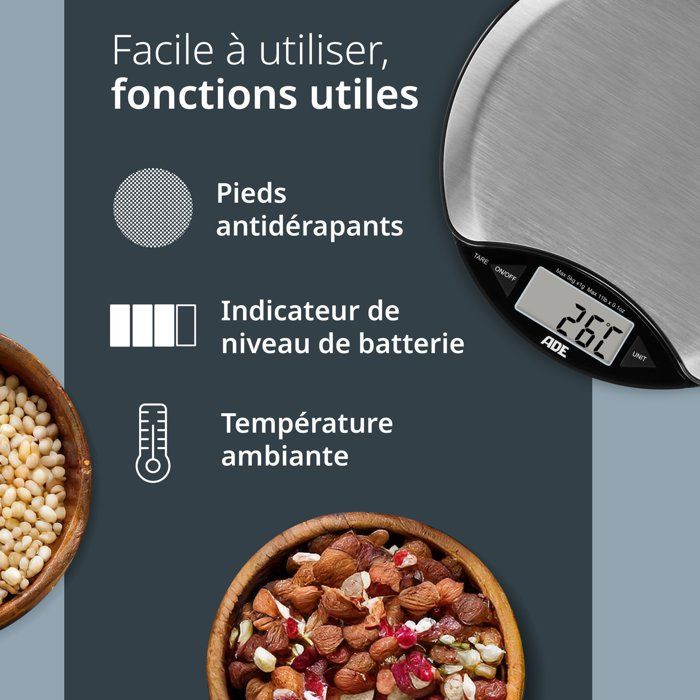 ADE Digital Kitchen Scale - ANJA - ABS Plastic - 17 x 17 x 2.2 cm - Includes 1 CR 2032 Battery