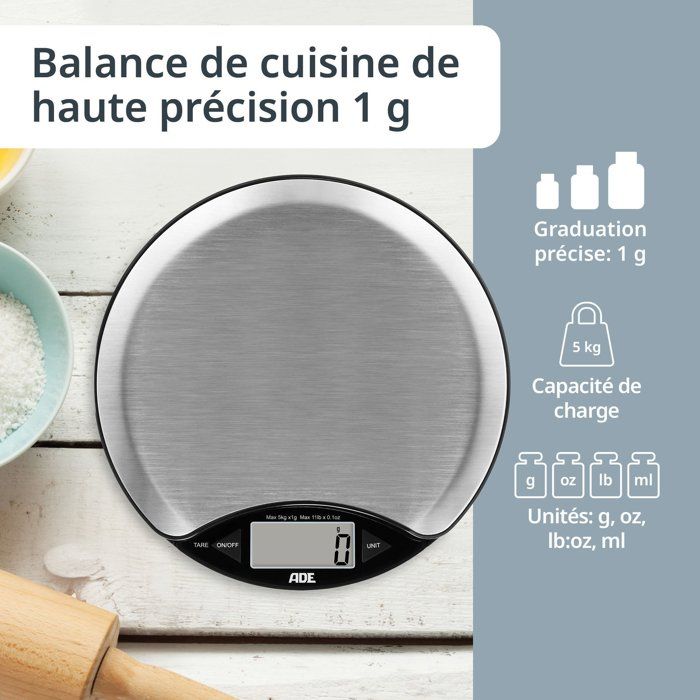 ADE Digital Kitchen Scale - ANJA - ABS Plastic - 17 x 17 x 2.2 cm - Includes 1 CR 2032 Battery