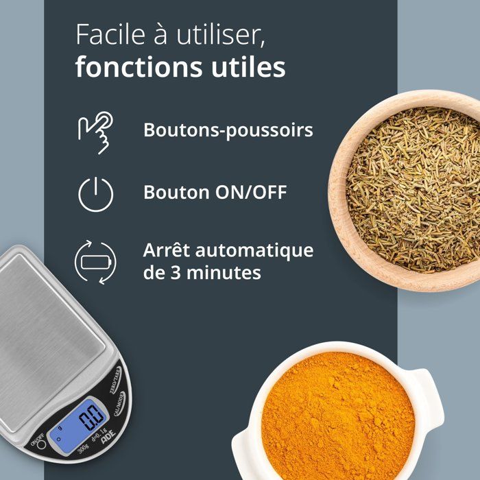 ADE Digital Kitchen Scale - POCKET - ABS Plastic - From 0.1 to 300 g - Includes 2 AAA Batteries