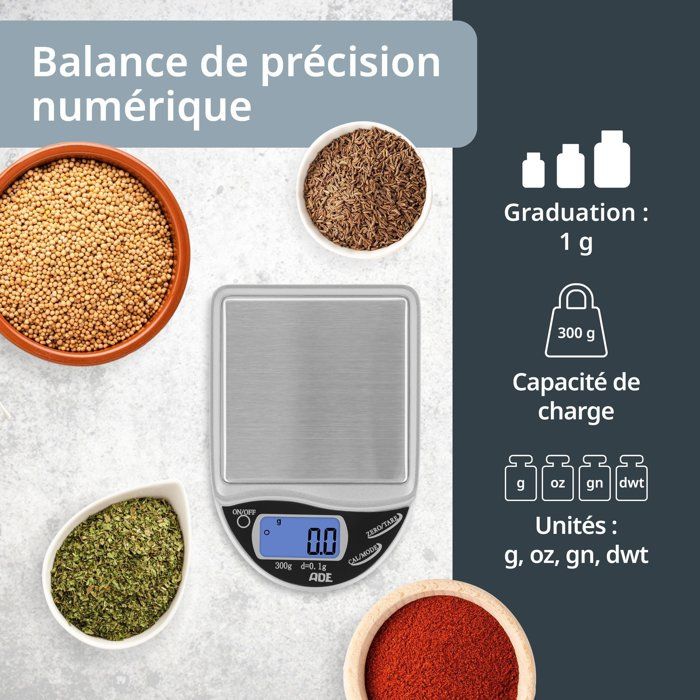 ADE Digital Kitchen Scale - POCKET - ABS Plastic - From 0.1 to 300 g - Includes 2 AAA Batteries