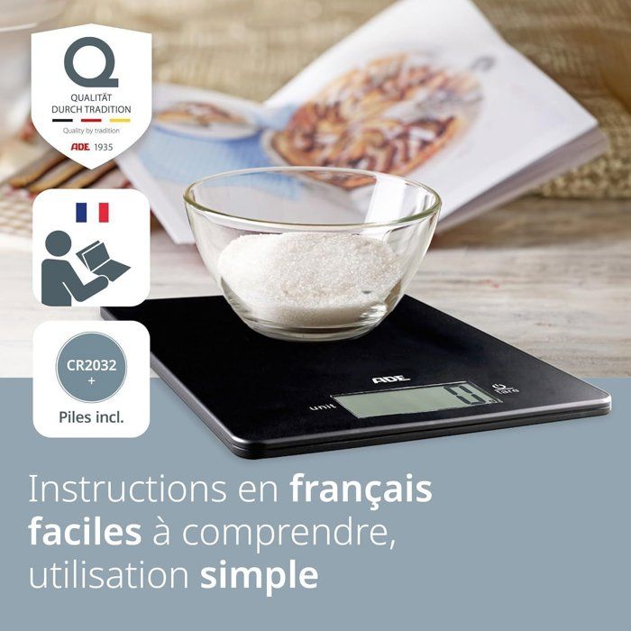ADE Digital Kitchen Scale - LEONIE - ABS Plastic - 22 x 17 cm - Includes 1 CR 2032 Battery - Black