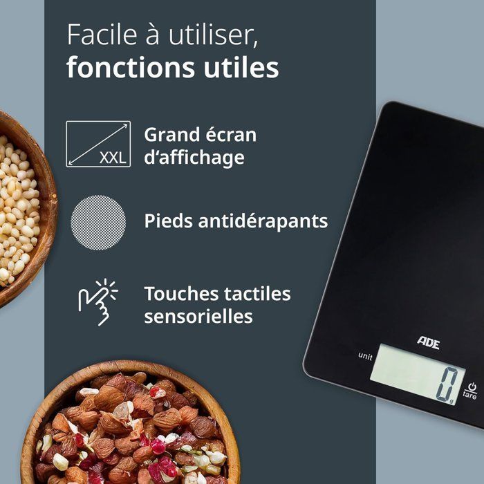 ADE Digital Kitchen Scale - LEONIE - ABS Plastic - 22 x 17 cm - Includes 1 CR 2032 Battery - Black