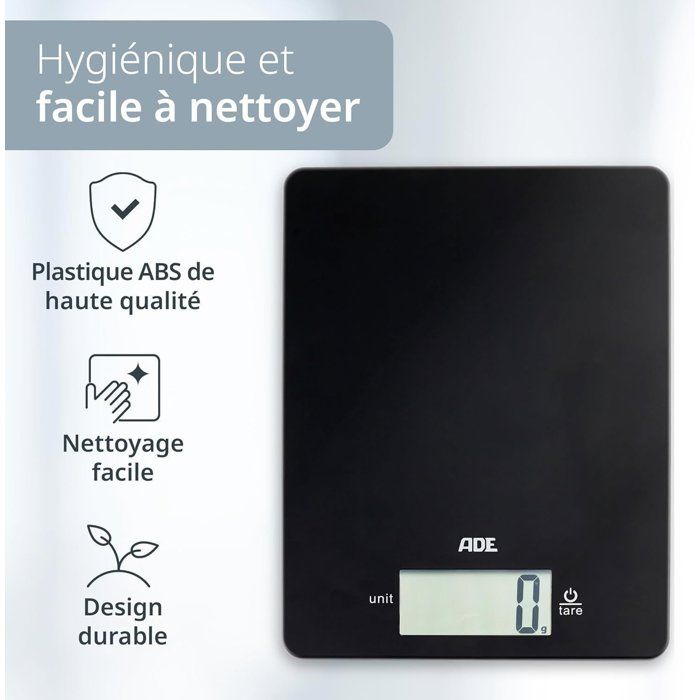 ADE Digital Kitchen Scale - LEONIE - ABS Plastic - 22 x 17 cm - Includes 1 CR 2032 Battery - Black