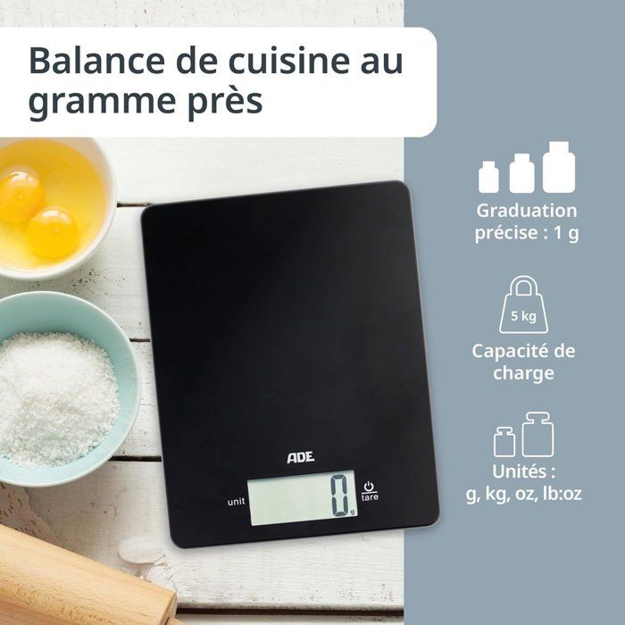 ADE Digital Kitchen Scale - LEONIE - ABS Plastic - 22 x 17 cm - Includes 1 CR 2032 Battery - Black