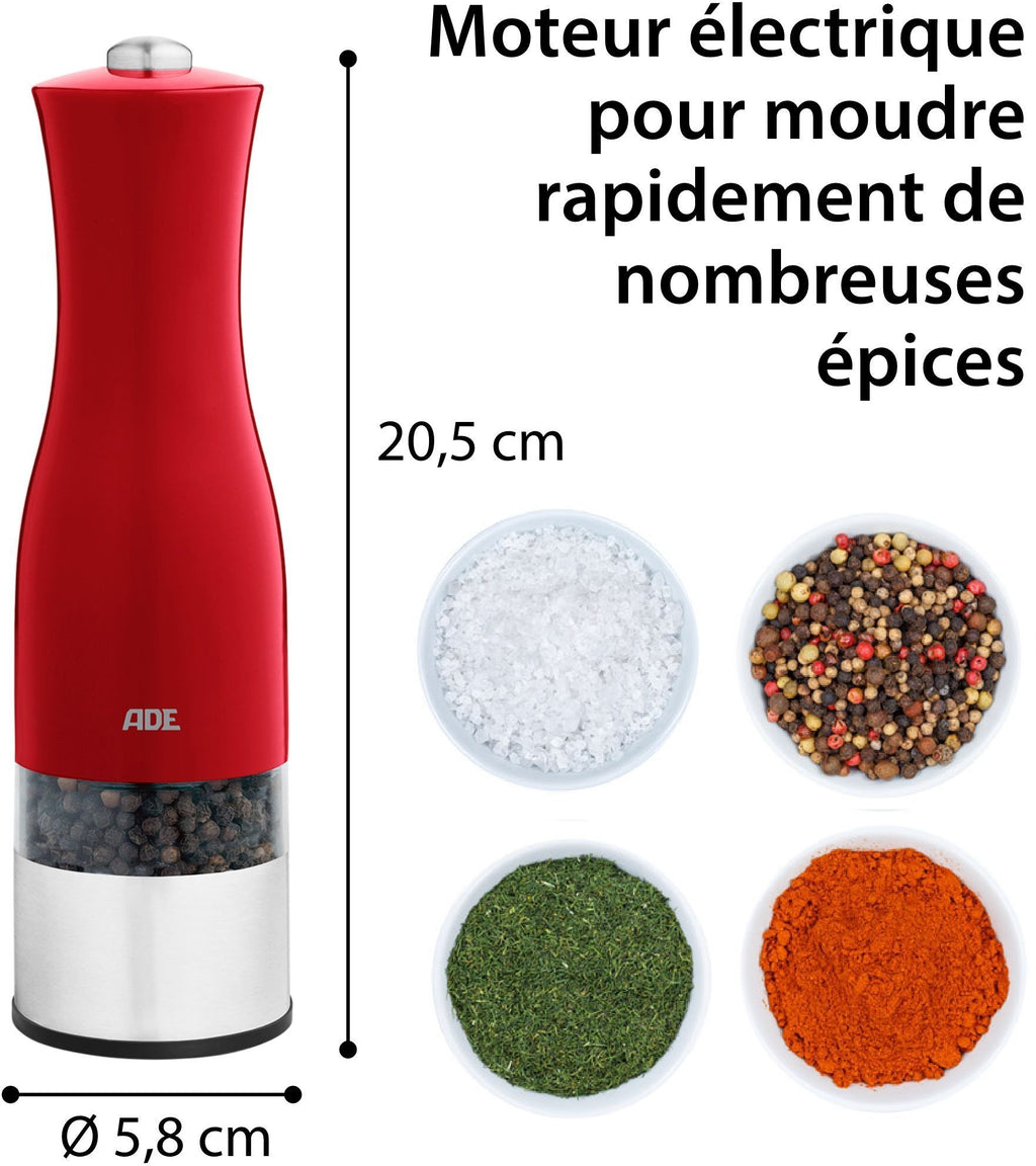 ADE Electric Pepper/Salt Mill - KITCHEN GADGETS - Stainless Steel/Plastic - H 22.5 cm - Includes 6 AAA Batteries - Red