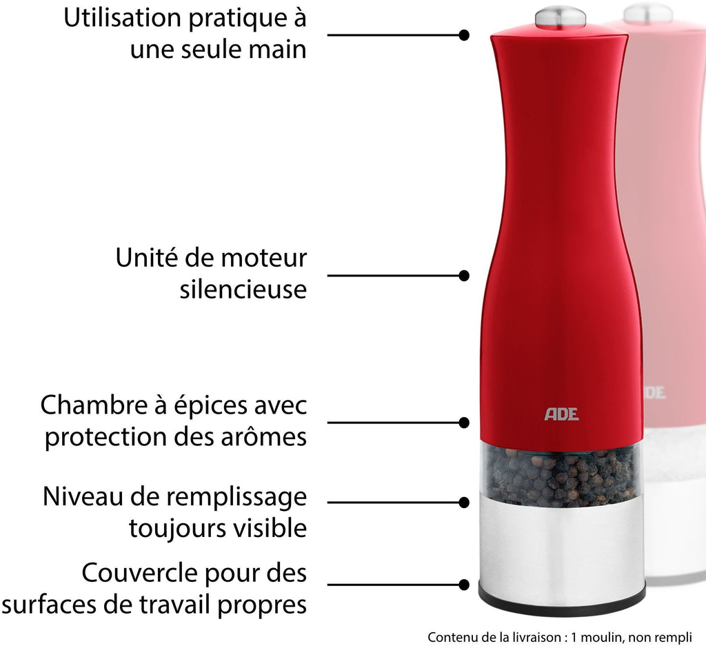 ADE Electric Pepper/Salt Mill - KITCHEN GADGETS - Stainless Steel/Plastic - H 22.5 cm - Includes 6 AAA Batteries - Red