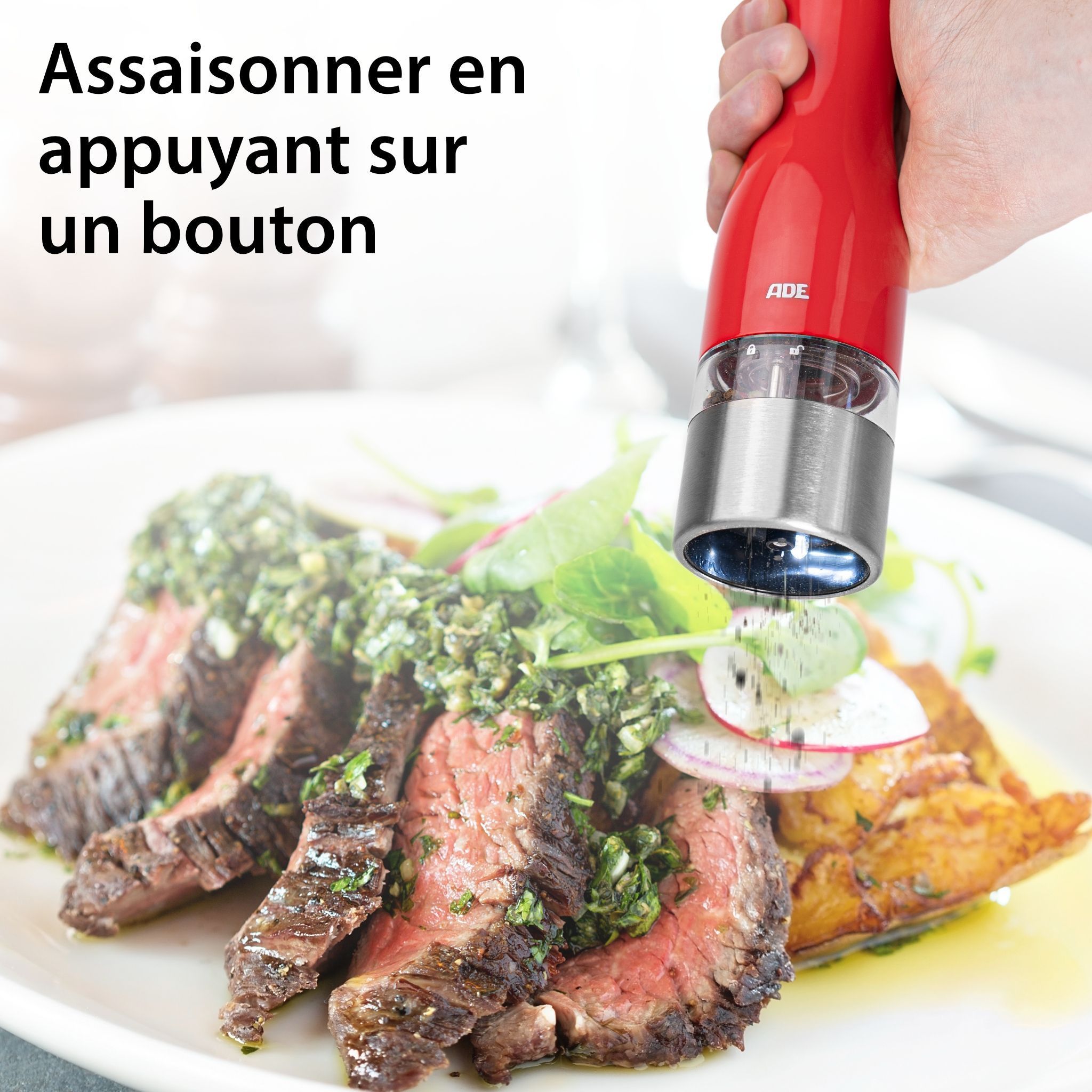 ADE Electric Pepper/Salt Mill - KITCHEN GADGETS - Stainless Steel/Plastic - H 22.5 cm - Includes 6 AAA Batteries - Red