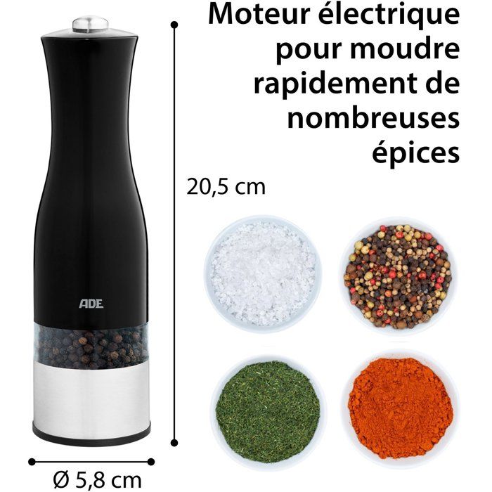ADE Electric Pepper/Salt Mill - Stainless Steel/Plastic - H 22.5 cm - Black