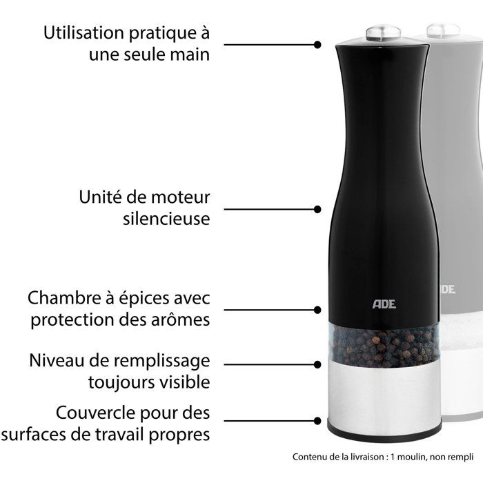 ADE Electric Pepper/Salt Mill - Stainless Steel/Plastic - H 22.5 cm - Black