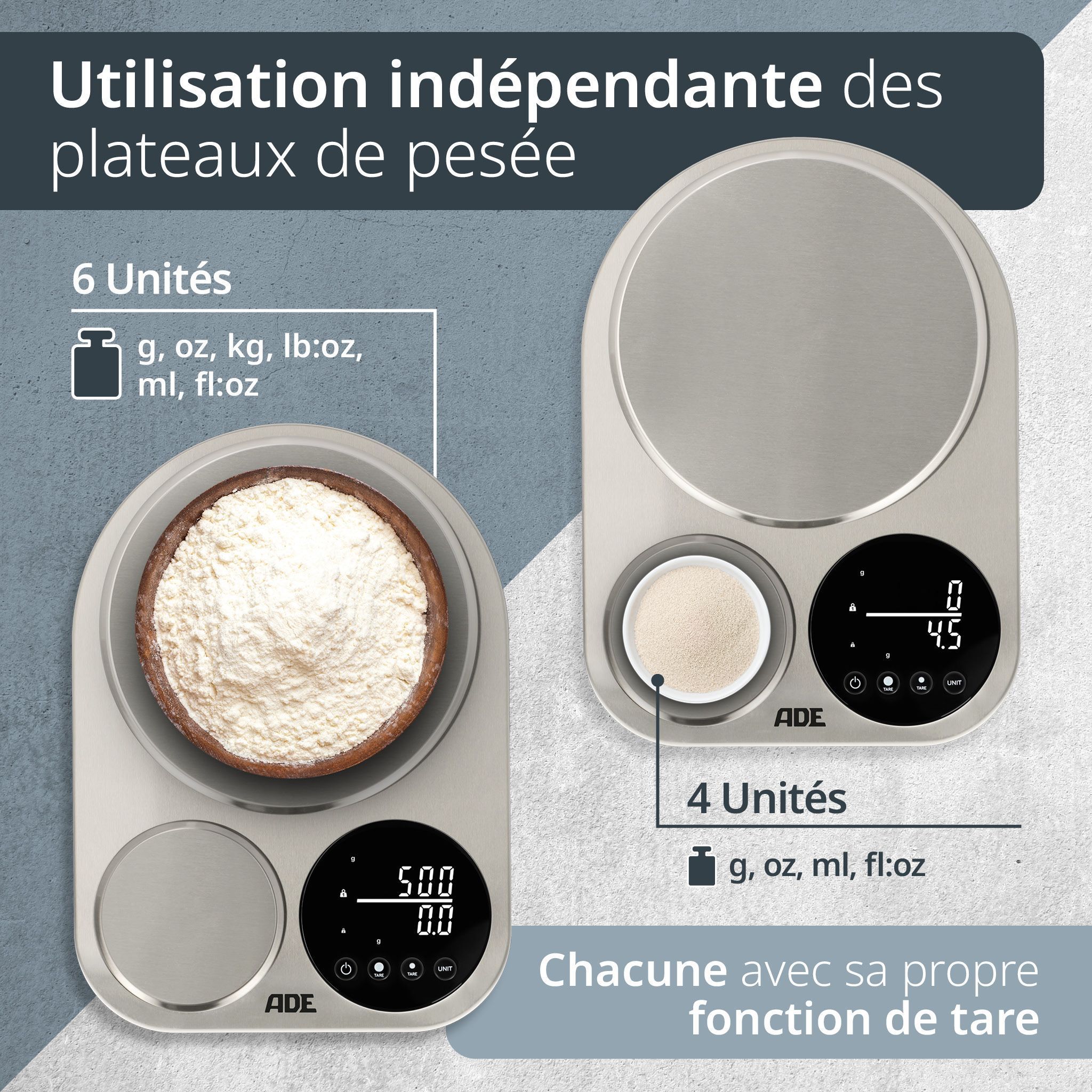 ADE Digital Kitchen Scale for Two - ISABELLA - Stainless Steel/Plastic - 23 x 16.5 cm - Includes 3 AAA Batteries
