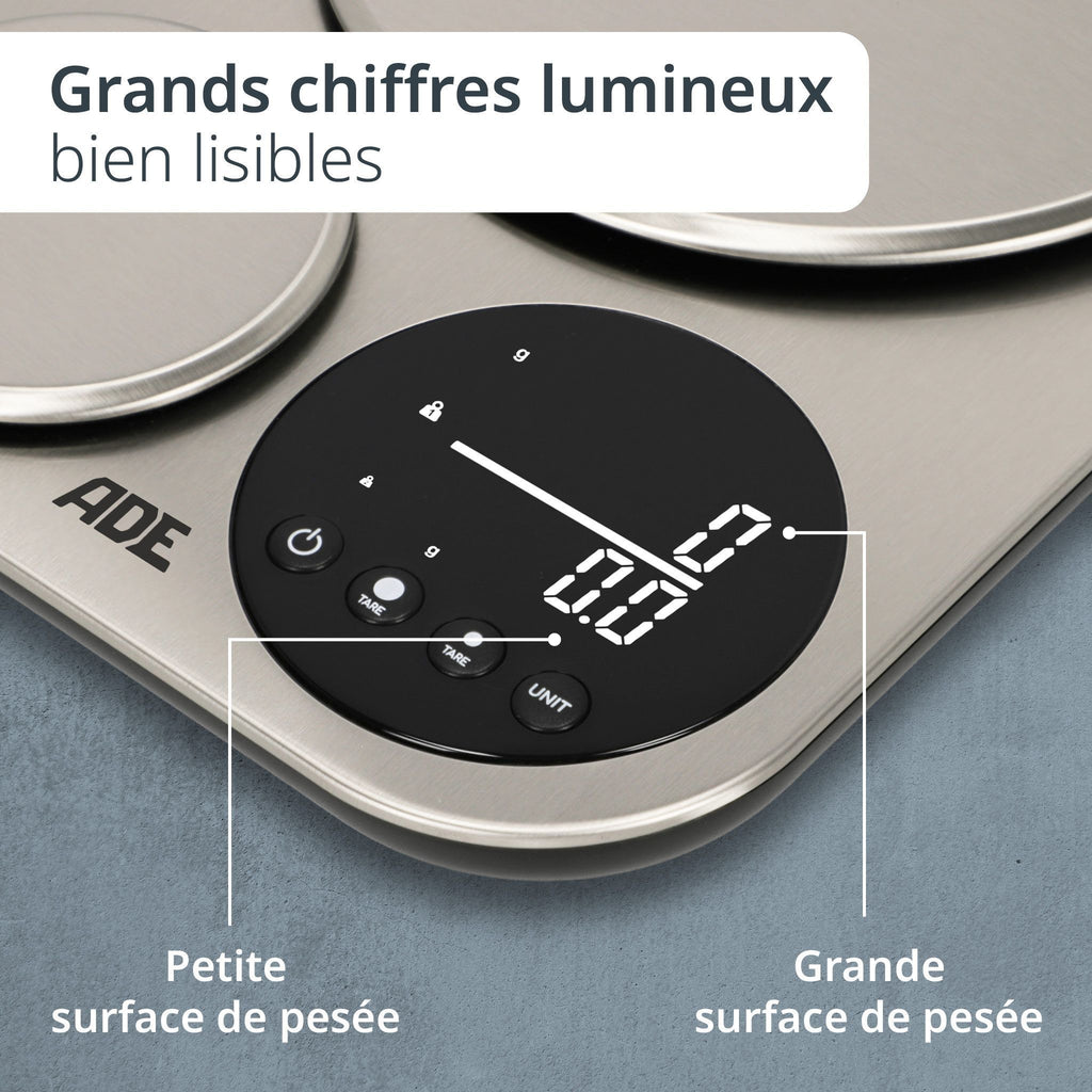 ADE Digital Kitchen Scale for Two - ISABELLA - Stainless Steel/Plastic - 23 x 16.5 cm - Includes 3 AAA Batteries