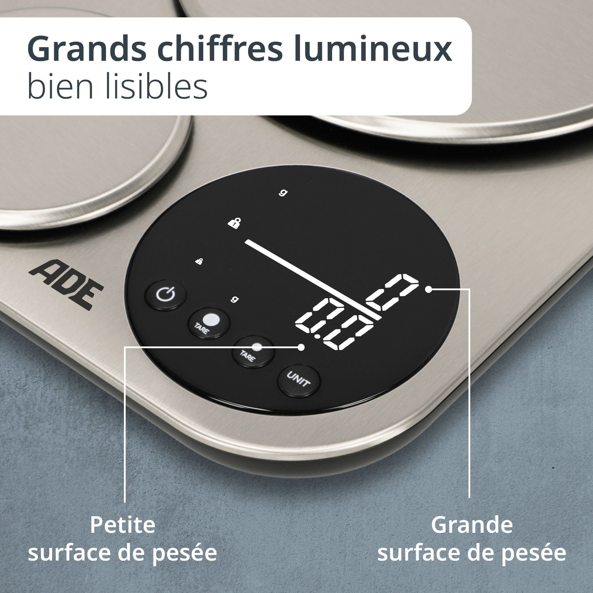 ADE Digital Kitchen Scale for Two - ISABELLA - Stainless Steel/Plastic - 23 x 16.5 cm - Includes 3 AAA Batteries