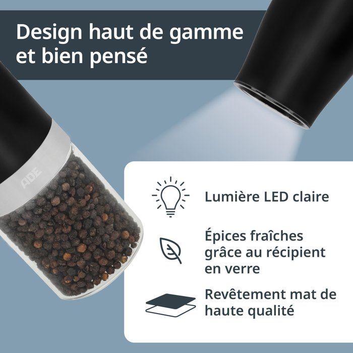 ADE Electric Mills Set of 2 - Glass/Synthetic - H 18.3 cm - Black & White