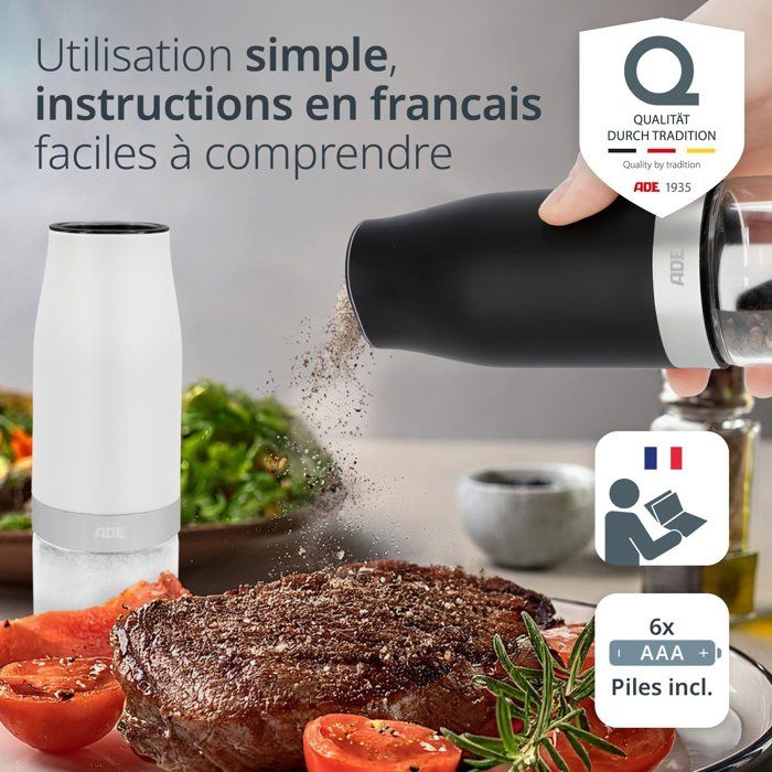 ADE Electric Mills Set of 2 - Glass/Synthetic - H 18.3 cm - Black & White