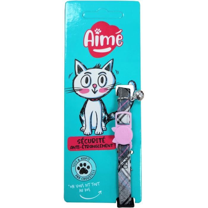 AIMÉ Cat Collar - Pink Tartan with Blue Denim and Caramel Flower - Adjustable 18-28 cm