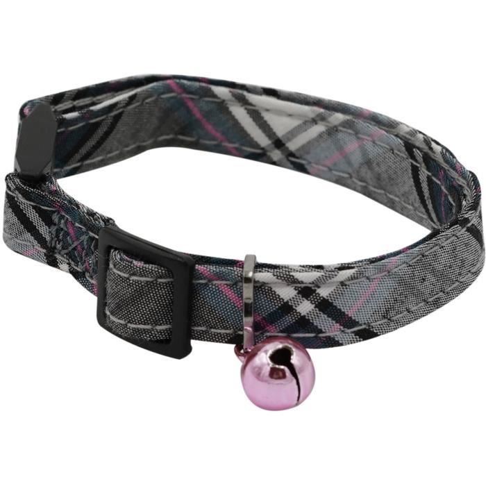 AIMÉ Cat Collar - Pink Tartan with Blue Denim and Caramel Flower - Adjustable 18-28 cm