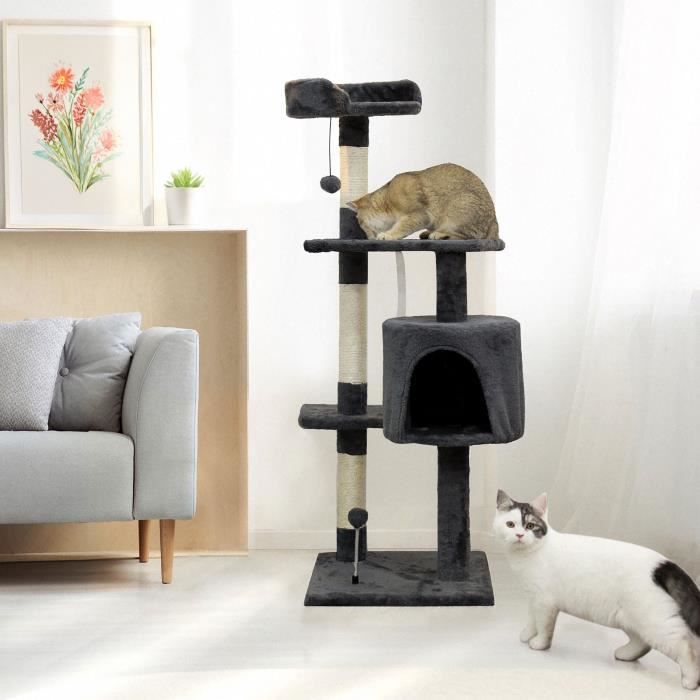 JASPER Arbre a chat gris 40 x 40 x 114 cm -3 plateformes, 1 niche, poteaux a griffer