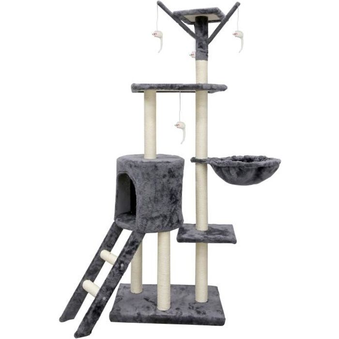 JIPSY Cat Tree - 79 x 34 x 138 cm - Grey - 3 Platforms, 1 Perch, 1 Hideaway, 1 Staircase, Scratching Posts