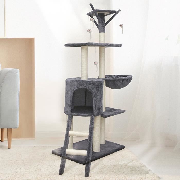 JIPSY Cat Tree - 79 x 34 x 138 cm - Grey - 3 Platforms, 1 Perch, 1 Hideaway, 1 Staircase, Scratching Posts