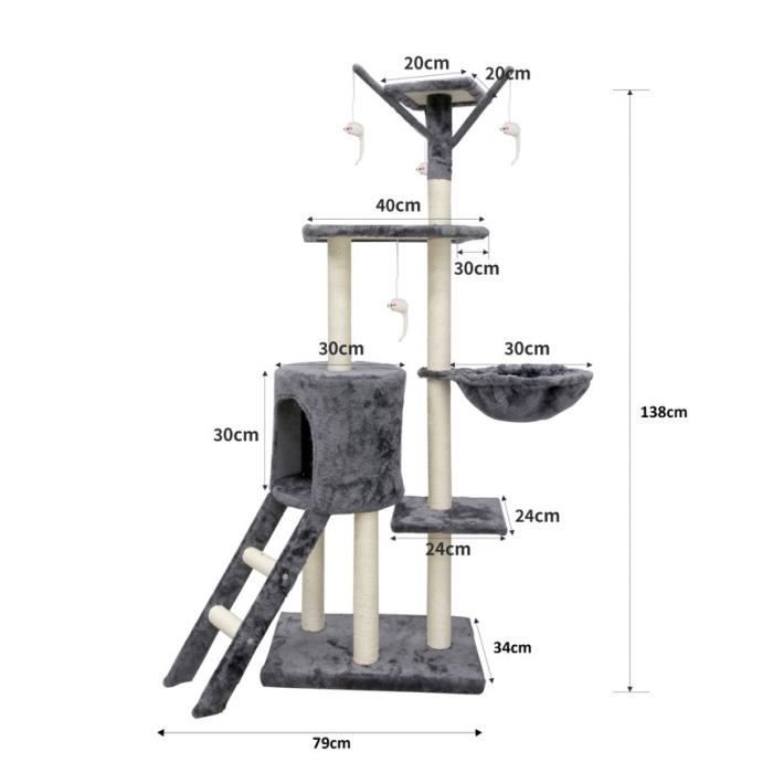 JIPSY Cat Tree - 79 x 34 x 138 cm - Grey - 3 Platforms, 1 Perch, 1 Hideaway, 1 Staircase, Scratching Posts