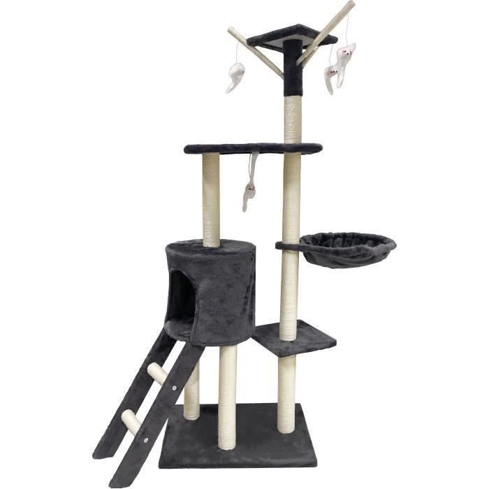 JIPSY Dark Grey Cat Tree - 79 x 34 x 138 cm - 3 Platforms, 1 Perch, 1 Hideaway, 1 Staircase, Scratching Posts