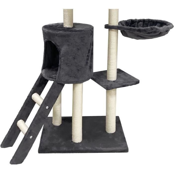 JIPSY Dark Grey Cat Tree - 79 x 34 x 138 cm - 3 Platforms, 1 Perch, 1 Hideaway, 1 Staircase, Scratching Posts