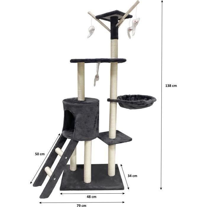 JIPSY Dark Grey Cat Tree - 79 x 34 x 138 cm - 3 Platforms, 1 Perch, 1 Hideaway, 1 Staircase, Scratching Posts