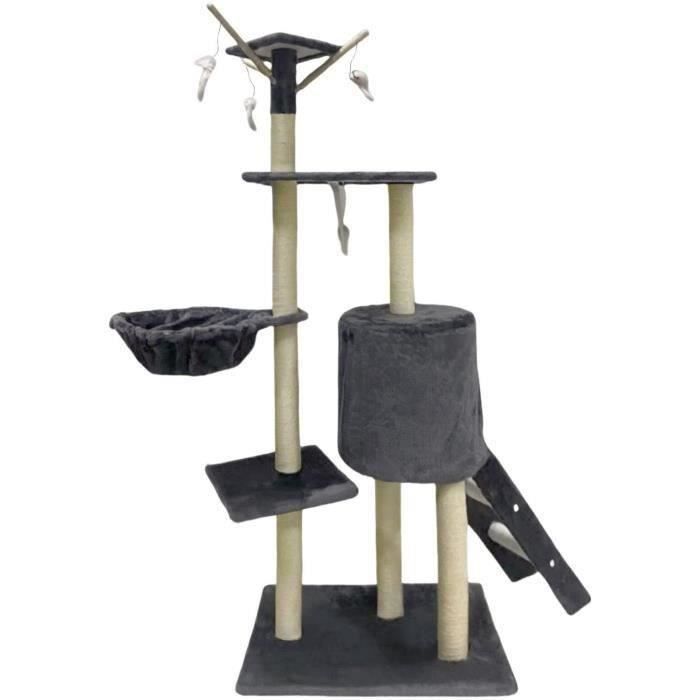 JIPSY Dark Grey Cat Tree - 79 x 34 x 138 cm - 3 Platforms, 1 Perch, 1 Hideaway, 1 Staircase, Scratching Posts