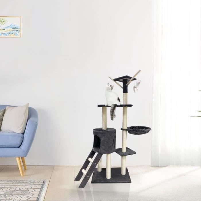JIPSY Dark Grey Cat Tree - 79 x 34 x 138 cm - 3 Platforms, 1 Perch, 1 Hideaway, 1 Staircase, Scratching Posts