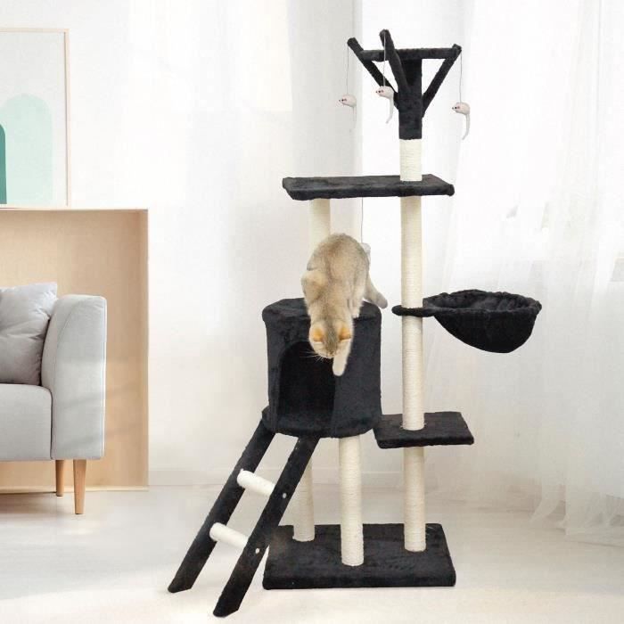 JIPSY Black Cat Tree - 79 x 34 x 138 cm - 3 Platforms, 1 Perch, 1 Hideaway, 1 Staircase, Scratching Posts
