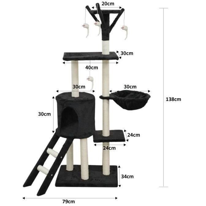 JIPSY Black Cat Tree - 79 x 34 x 138 cm - 3 Platforms, 1 Perch, 1 Hideaway, 1 Staircase, Scratching Posts