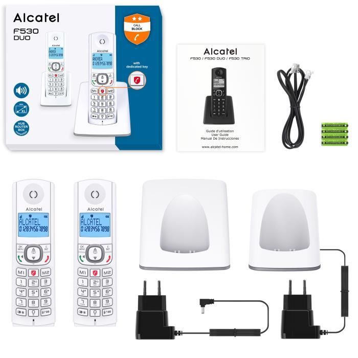 ALCATEL F530 Duo Cordless Phone with 2 Handsets, Call Blocking, Hands-Free, White/Grey