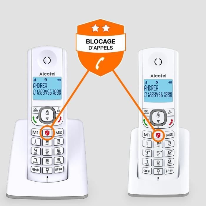 ALCATEL F530 Duo Cordless Phone with 2 Handsets, Call Blocking, Hands-Free, White/Grey