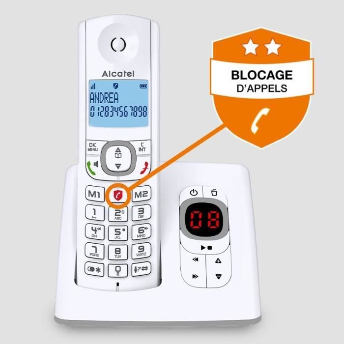 ALCATEL F530 Voice Cordless Phone - Answering Machine, Call Blocking, Hands-Free, White/Grey