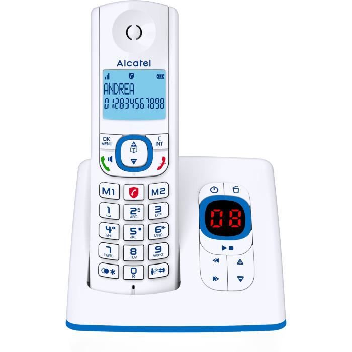 ALCATEL F530 Voice Cordless Phone - Answering Machine, Call Blocking, Hands-Free, White/Blue