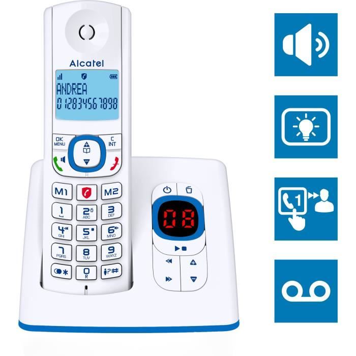 ALCATEL F530 Voice Cordless Phone - Answering Machine, Call Blocking, Hands-Free, White/Blue
