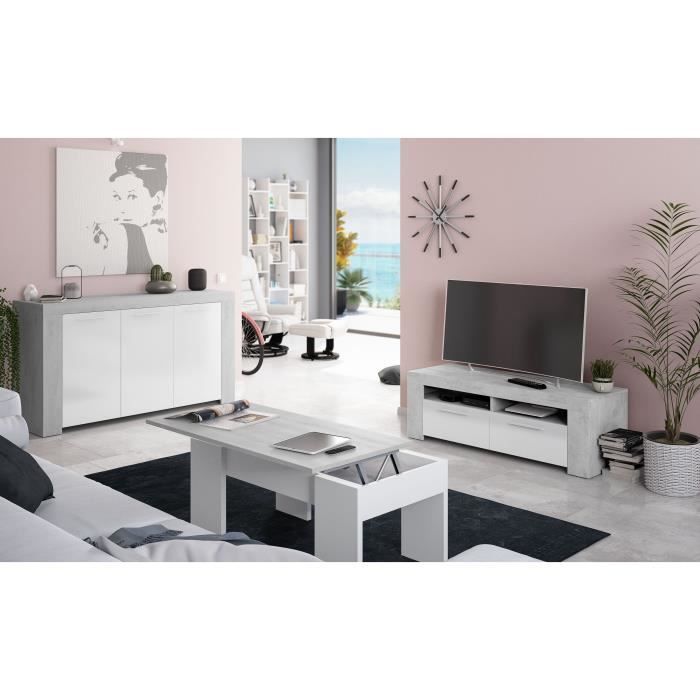 AMBIT TV Stand - Concrete Effect/ Artik White - 2 Doors, 2 Shelves - 120 x 42 x 40 cm
