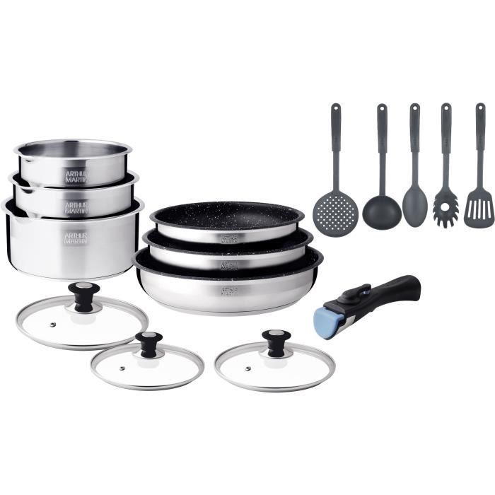Arthur Martin AM1275 15-piece cookware set - Stainless steel - Removable handle - Suitable for all hobs including induction