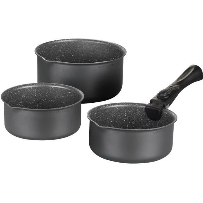 Set of 3 Matte Grey Saucepans 16-18-20 cm + 1 Removable Handle - Aluminium - Non-stick Coating - Suitable for All Hobs Including Induction