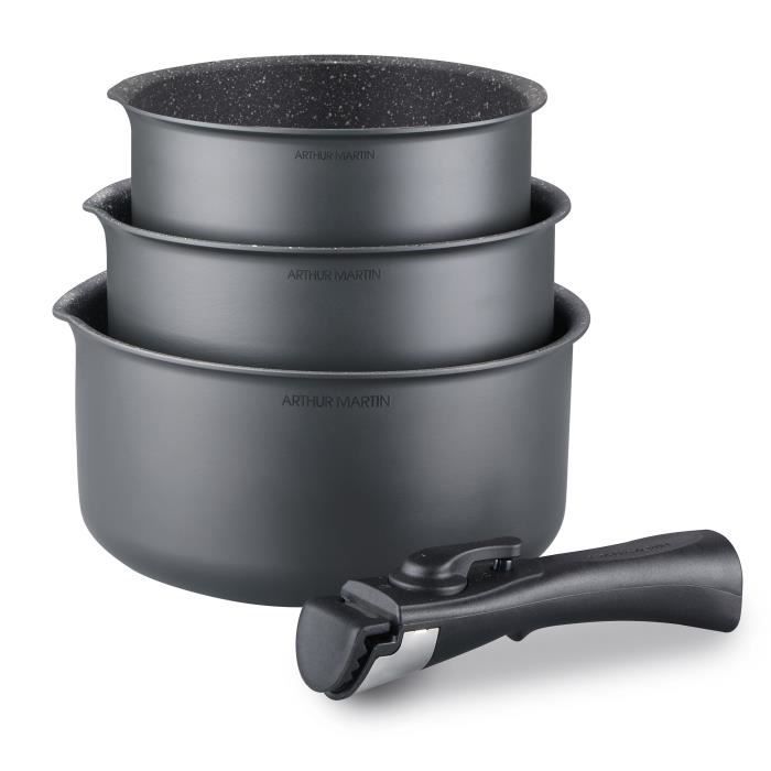 Set of 3 Matte Grey Saucepans 16-18-20 cm + 1 Removable Handle - Aluminium - Non-stick Coating - Suitable for All Hobs Including Induction