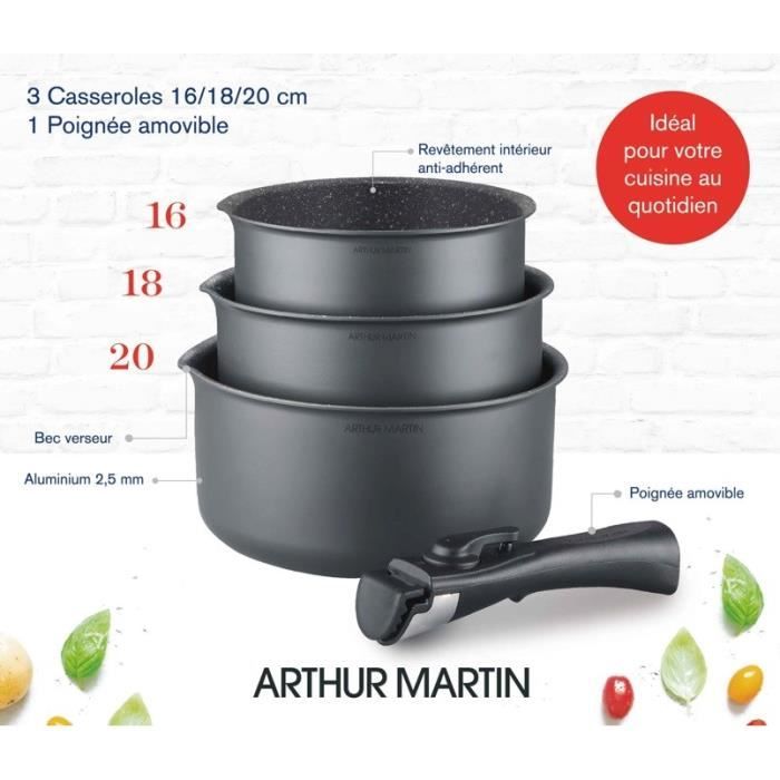 Set of 3 Matte Grey Saucepans 16-18-20 cm + 1 Removable Handle - Aluminium - Non-stick Coating - Suitable for All Hobs Including Induction