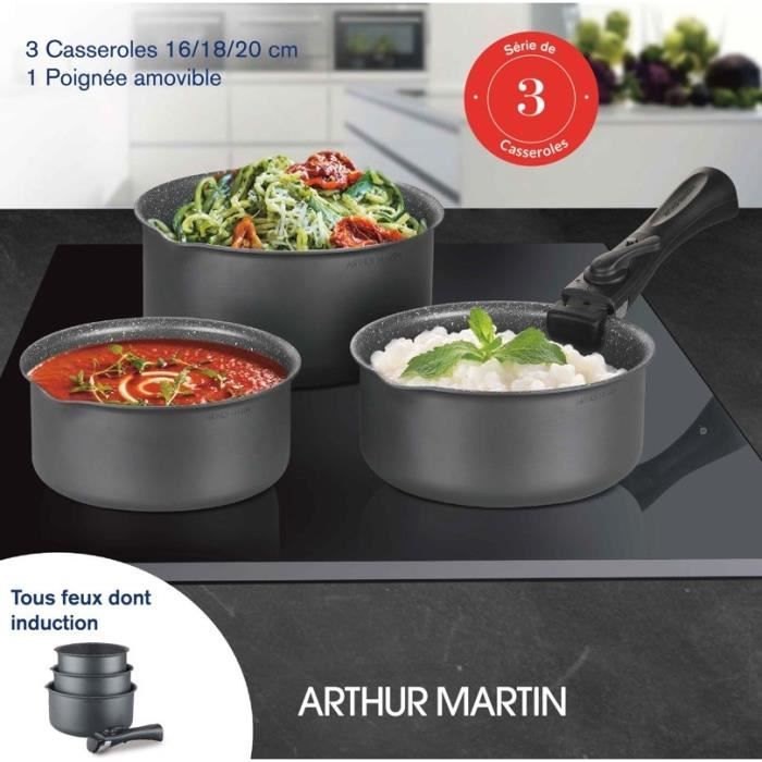 Set of 3 Matte Grey Saucepans 16-18-20 cm + 1 Removable Handle - Aluminium - Non-stick Coating - Suitable for All Hobs Including Induction