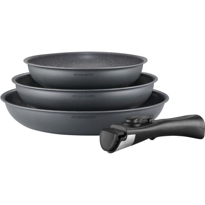 ARTHUR MARTIN Frying Pan Set - AM521GM - Matte Grey - 20-24-28 cm - Removable Handle