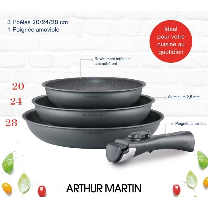 ARTHUR MARTIN Frying Pan Set - AM521GM - Matte Grey - 20-24-28 cm - Removable Handle
