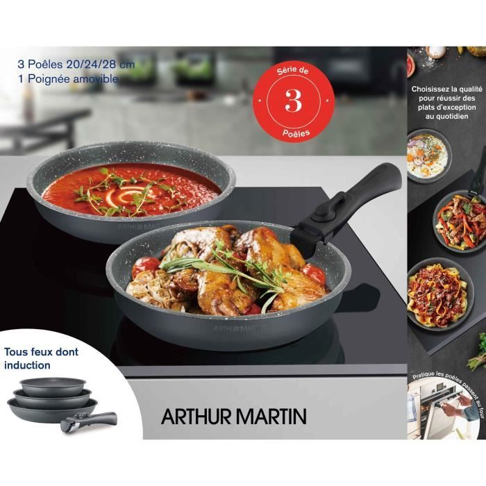 ARTHUR MARTIN Frying Pan Set - AM521GM - Matte Grey - 20-24-28 cm - Removable Handle