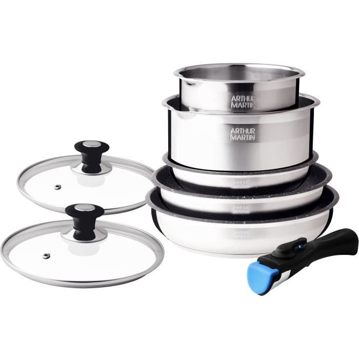 Arthur Martin AM2493 8-Piece Cookware Set - Stainless Steel - Removable Handle - Suitable for All Hobs Including Induction