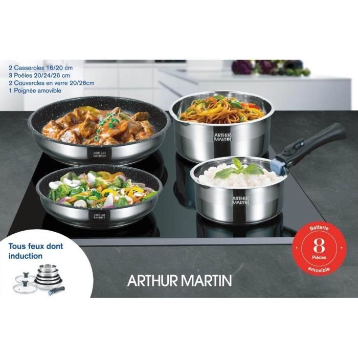 Arthur Martin AM2493 8-Piece Cookware Set - Stainless Steel - Removable Handle - Suitable for All Hobs Including Induction